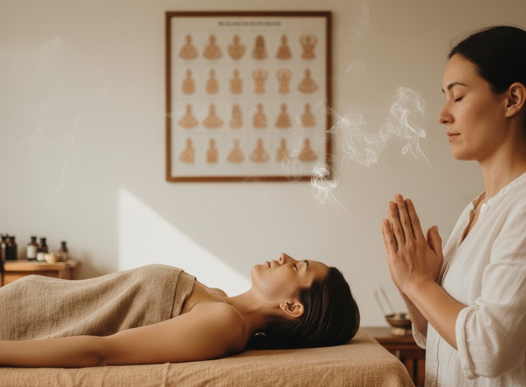 Immagine: Studio olistico con ricevente sul lettino e terapeuta a mani congiunte. Sullo sfondo poster con diverse mudra e incenso che brucia