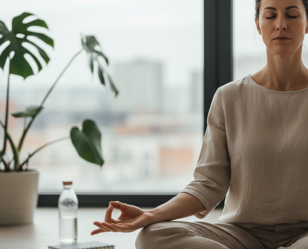 Immagine: Persona in meditazione esegue una mudra in uno spazio urbano moderno, gesto simbolico che unisce yoga, consapevolezza e benessere psicofisico nella vita quotidiana.