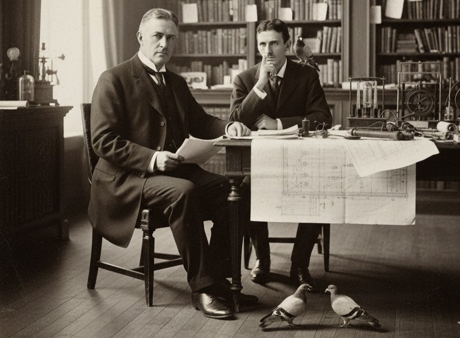 Immagine: Ritratto d’epoca di Nikola Tesla e J.P. Morgan nello studio, con Tesla pensieroso, piccioni e progetti incompleti sul tavolo, atmosfera malinconica. tESLA: genio e invenzione
