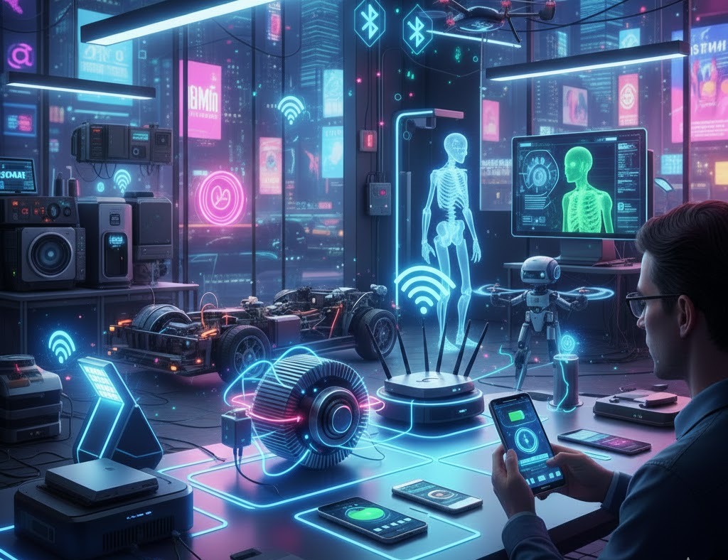 Immagine: Laboratorio moderno con motori AC, lampade al neon, robot, Wi-Fi, Bluetooth, telecomandi, ricarica wireless e apparecchiature mediche a raggi X.