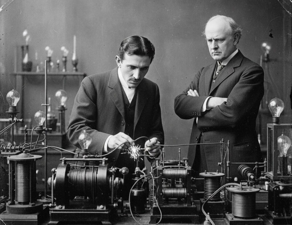 Immagine: Nikola Tesla al lavoro in laboratorio su esperimenti elettrici con bobine, scintille e lampadine, assistito da un collega osservatore.