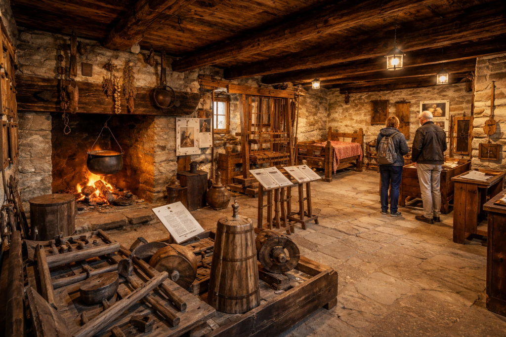Foto: Immagine generta con AI che rappresenta ill museo della veille maisone. interni con attrezzi agricoli e artigianali, mobili storici e visitatori che esplorano la cultura locale valdostana. Cose da fare a LaSalle