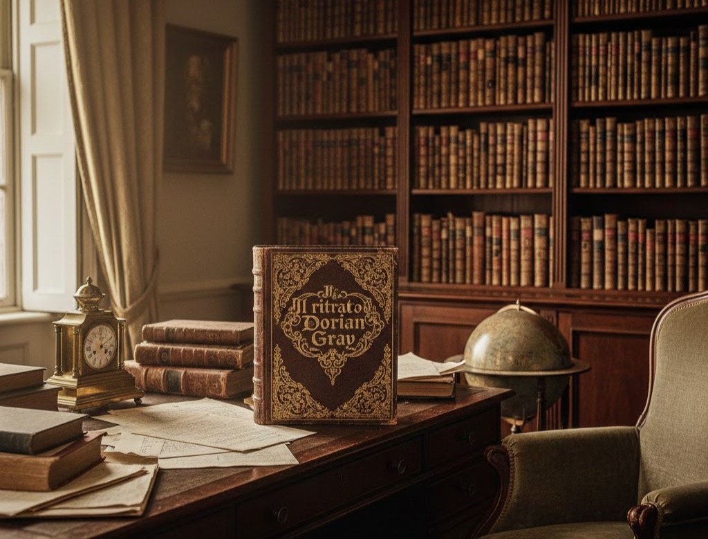 Foto: Studio d'epoca con scrivania piena di carte, libro vittoriano al centro intitolato 'Il ritratto di Dorian Gray', libreria sullo sfondo, luce calda naturale.