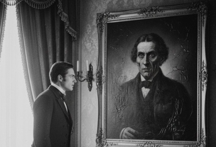 Foto d’epoca in bianco e nero: giovane elegante osserva ossessionato un ritratto deteriorato di sé in una stanza vittoriana, simbolo di colpa e decadenza.