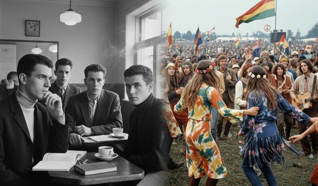 Foto reportage con Beat Generation in bianco e nero e hippy a colori d’epoca, evidenziando la transizione culturale verso Woodstock. WOODSTOCK 3 GIORNI DI MUSICA E AMORE. 