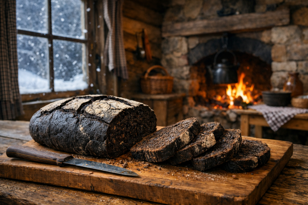 Foto: Pane nero rustico affettato su tagliere in baita alpina con camino acceso, finestra innevata,. Cose da fare a La Salle