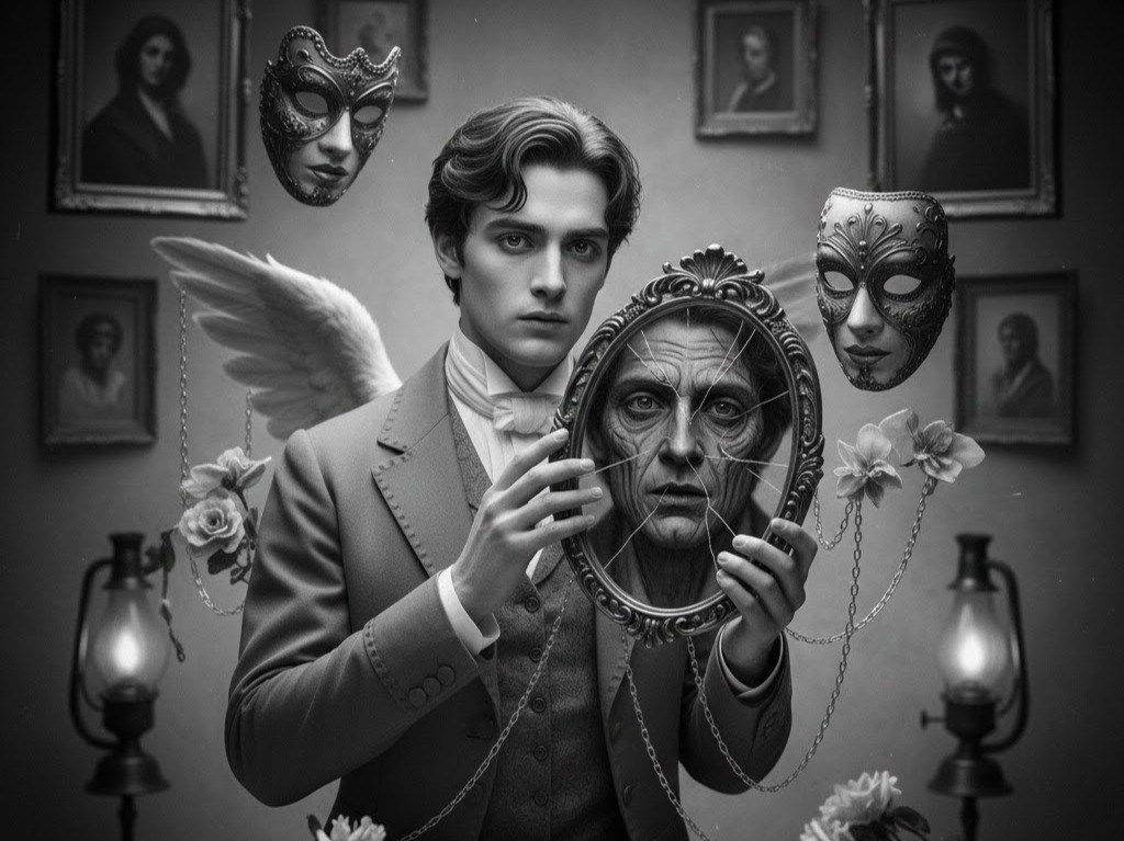 Foto in stile gotico al centro un giovane Doriab Gray con in manno uno specchio rotto con il suo riflesso invecchiato. Attorno mschere simboliche