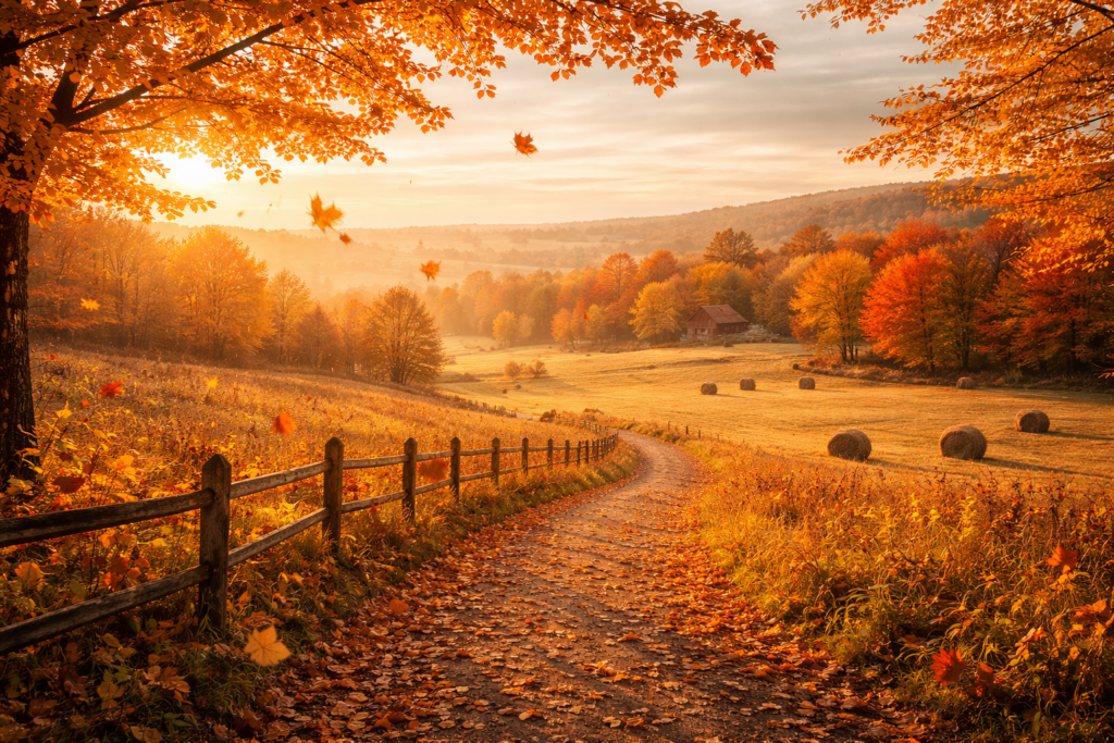 Immagine: Paesaggio rurale autunnale al tramonto con sentiero sterrato che attraversa campi dorati, balle di fieno sparse, alberi dai colori caldi e casa di campagna sullo sfondo, luce morbida e atmosfera contemplativa.