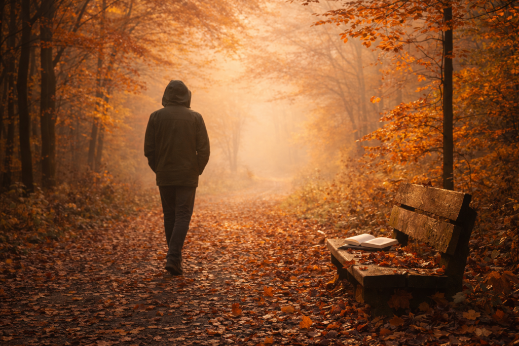 Immagine: Persona che cammina da sola lungo un sentiero autunnale coperto di foglie, cappuccio sulla testa, luce dorata del tardo pomeriggio che illumina l’atmosfera mistica, panchina con libro aperto a lato, scena che evoca introspezione, riflessione e pace interiore.