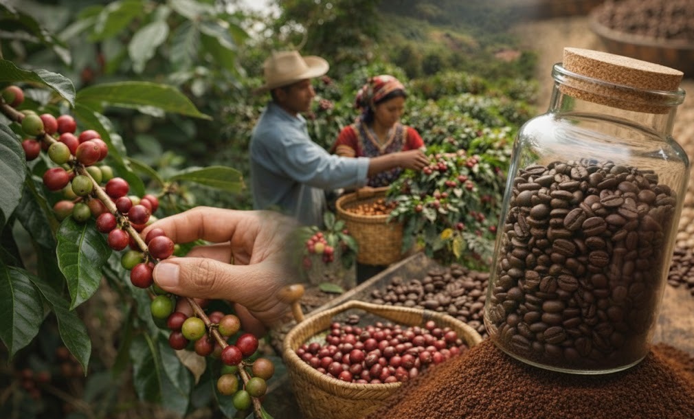 Immagine: processo di produzione del caffè dalla pianta alla ,macinatura, con mani che raccolgono chicchi maturi, raccoglitori nei campi, cestini pieni di bacche di caffè, barattolo di vetro con chicchi tostati, poggiato su una montagnola di polvere di caffè. Atmosfera naturale e dettagli artigianali.