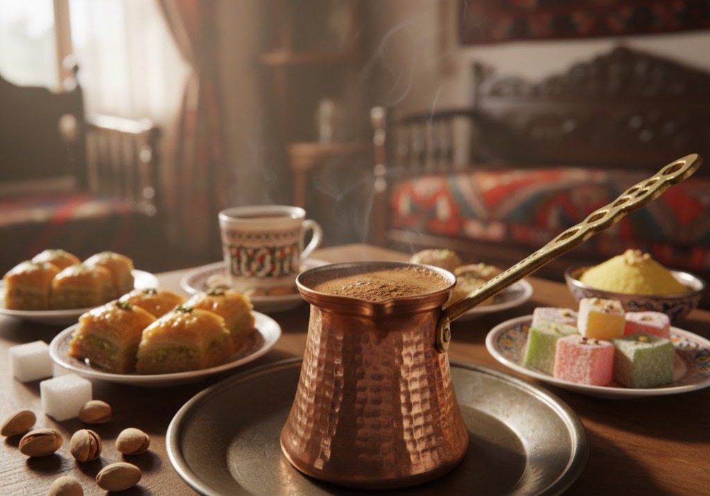 Immagine: Cezve in rame con caffè turco fumante, circondato da dolci tradizionali e tazzina decorata, in un ambiente caldo e accogliente.