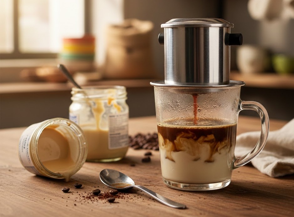 Immagine: Filtro Phin vietnamita su tazza di vetro con caffè che gocciola sul latte condensato, su tavolo in legno, atmosfera calda e autentica.