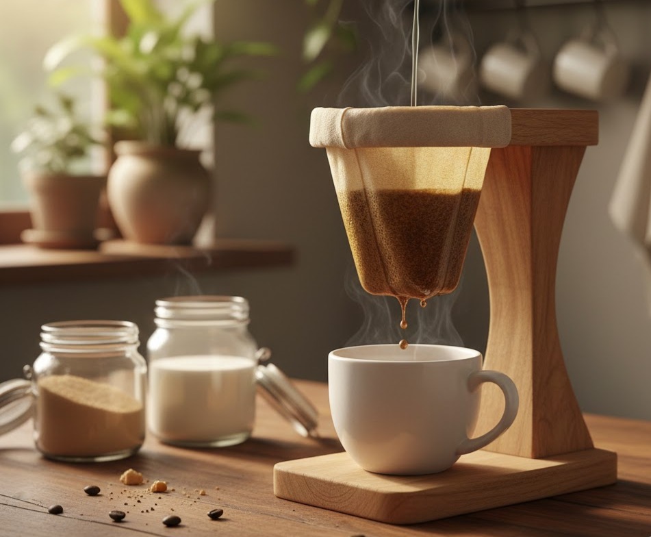 Immagine: Chorreador in legno su tazza di ceramica con sacchetto di stoffa che filtra lentamente il caffè aromatico, atmosfera calda e familiare.