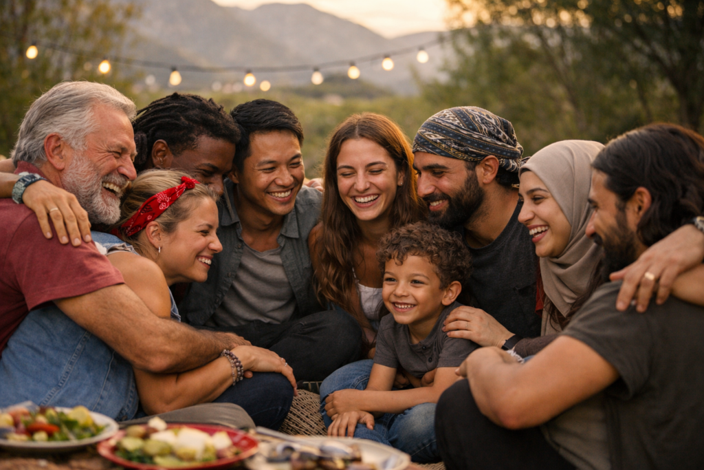 Immagine: Gruppo eterogeneo di adulti e bambino abbracciati all’aperto al tramonto, sorrisi spontanei e luci calde raccontano legami scelti, inclusione e senso di famiglia condivisa ohana!