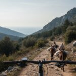 Immagine: antica via montana delle vie del sale in Italia, con muli carichi di sale tra mare lontano e montagne, paesaggio storico naturale