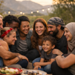 Immagine: Gruppo eterogeneo di adulti e bambino abbracciati all’aperto al tramonto, sorrisi spontanei e luci calde raccontano legami scelti, inclusione e senso di famiglia condivisa ohana!