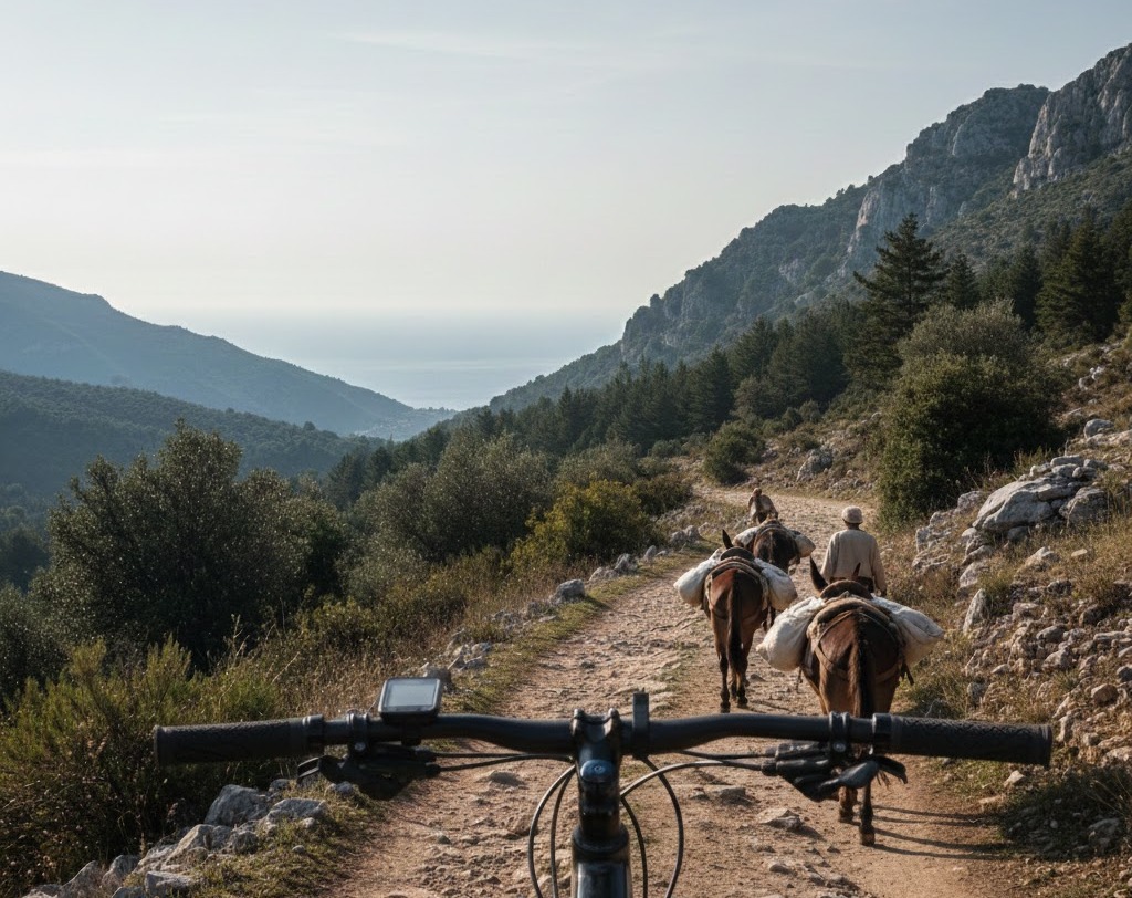 Immagine: antica via montana delle vie del sale in Italia, con muli carichi di sale tra mare lontano e montagne, paesaggio storico naturale