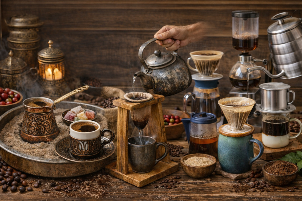 Immagine: tavolo rustico con diversi metodi tradizionali di preparazione del caffè nel mondo: caffè turco in cezve, chorreador costaricano, pour over, French press, filtro vietnamita Phin e siphon, circondati da chicchi di caffè e utensili artigianali.