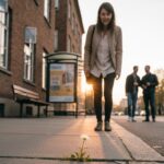 Immagine: Donna cammina su un marciapiede urbano al tramonto e si ferma sorpresa davanti a un piccolo fiore che cresce tra le crepe dell’asfalto, simbolo di scoperta inattesa, serendipità e bellezza nella vita quotidiana.