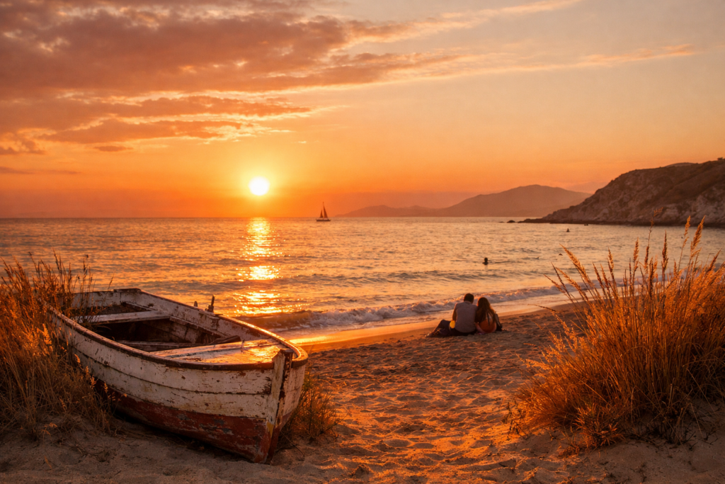 Immagine: Tramonto estivo sul mare con luce dorata, barca di legno sulla sabbia, dune e coppia seduta in silenzio, colori caldi che evocano nostalgia, calma e passaggio verso l’autunno.