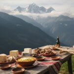 Immagine: Tavolo in legno all'aperto con piatti tipici della Valdigne, formaggi d'alpeggio, polenta concia e tessuto drap, con il Monte Bianco sullo sfondo alpino, artigianato alpino