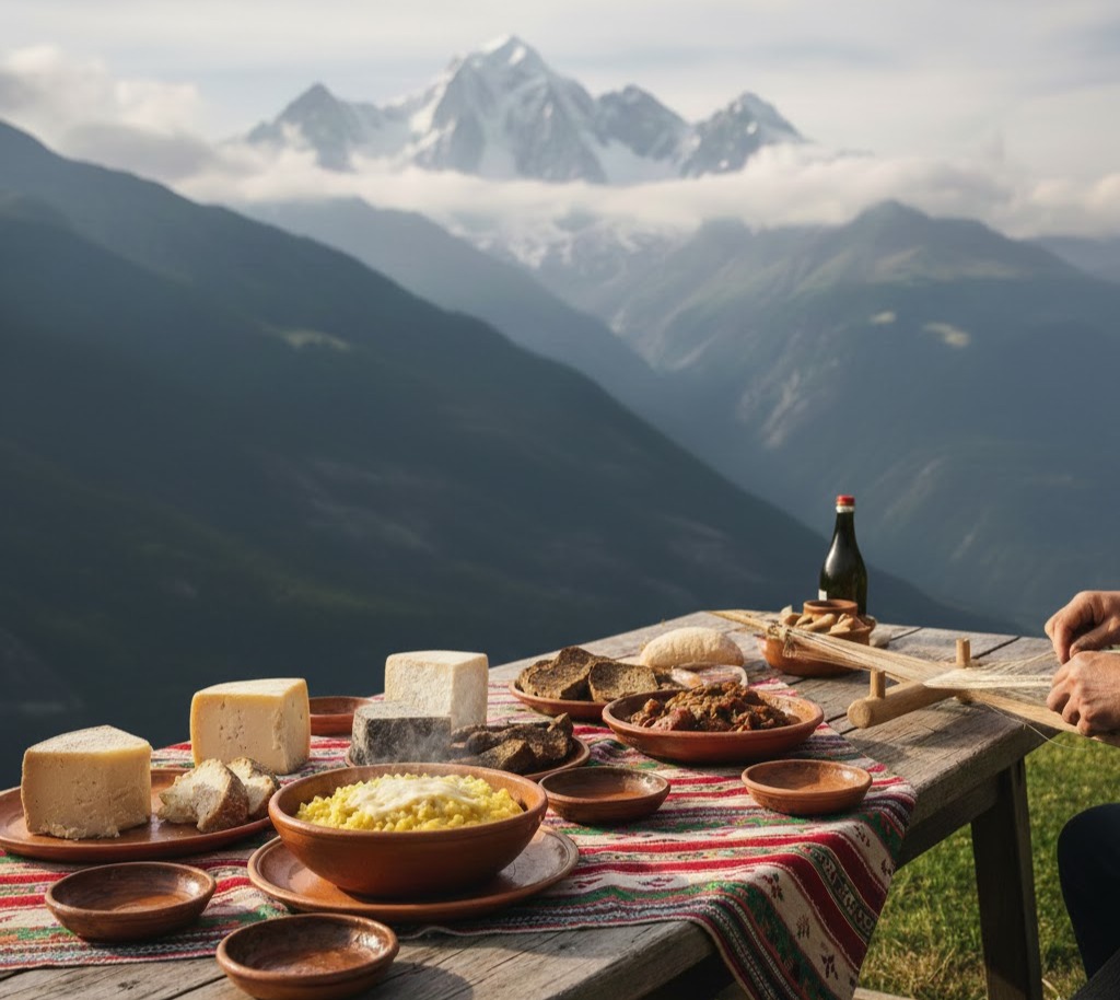 Immagine: Tavolo in legno all'aperto con piatti tipici della Valdigne, formaggi d'alpeggio, polenta concia e tessuto drap, con il Monte Bianco sullo sfondo alpino, artigianato alpino