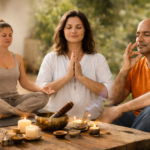 Immagine:Tre persone meditano con mudra diversi in ambiente naturale e domestico,unite da sfumature morbide;al centro un tavolo rituale con candele e incenso,, atmosfera calma e benessere zen
