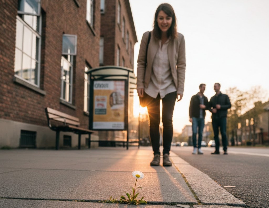 Immagine: Donna cammina su un marciapiede urbano al tramonto e si ferma sorpresa davanti a un piccolo fiore che cresce tra le crepe dell’asfalto, simbolo di scoperta inattesa, serendipità e bellezza nella vita quotidiana.
