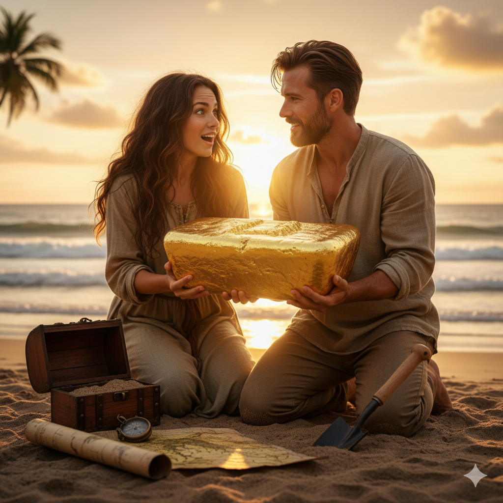 Chi Trova un Amico Trova un Tesoro. Trovare un’Amica è Trovare un Lingotto d’Oro. Rappresenta una donna e un uomo con in mano un lingotto d'oro e sono su una spiaggia.