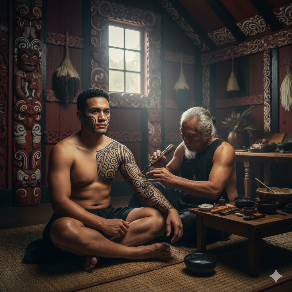 Origini Tatuaggi e Storia. Rappresenta Persona di sesso maschile che tatua sul braccio di un Uomo. Polinesia Maori.