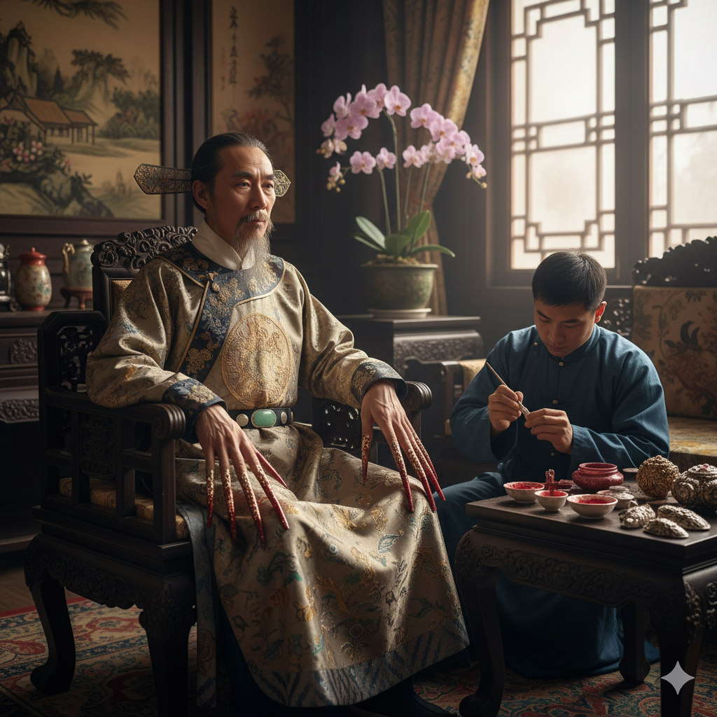 Uomini che si dipingevano le unghie. RappresentaDurante le dinastie Zhou, Ming e Qing, le unghie lunghe e ornate erano sinonimo di potere. Gli uomini della corte le curavano con lacche naturali, polveri d’oro e resine vegetali, spesso coperte da fingernail guards: sottili protezioni d’oro o argento che impedivano di spezzarle.