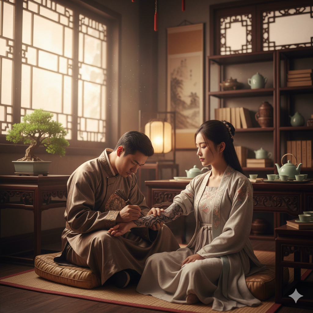 Origini Tatuaggi e Storia. Rappresenta un tatuatore maschio che sta tatuando una donna. Nell'Antica Cina.