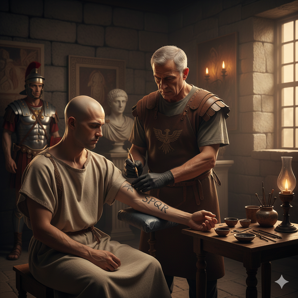 Origini Tatuaggi e Storia. Rappresenta Persona di sesso maschile che tatua sul braccio di un Uomo. Mondo Greco-Romano.