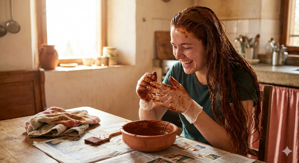 Henné Pigmento Naturale. Rappresenta. Una ragazza che si sta colorando i capelli con pigmento naturale Henné.