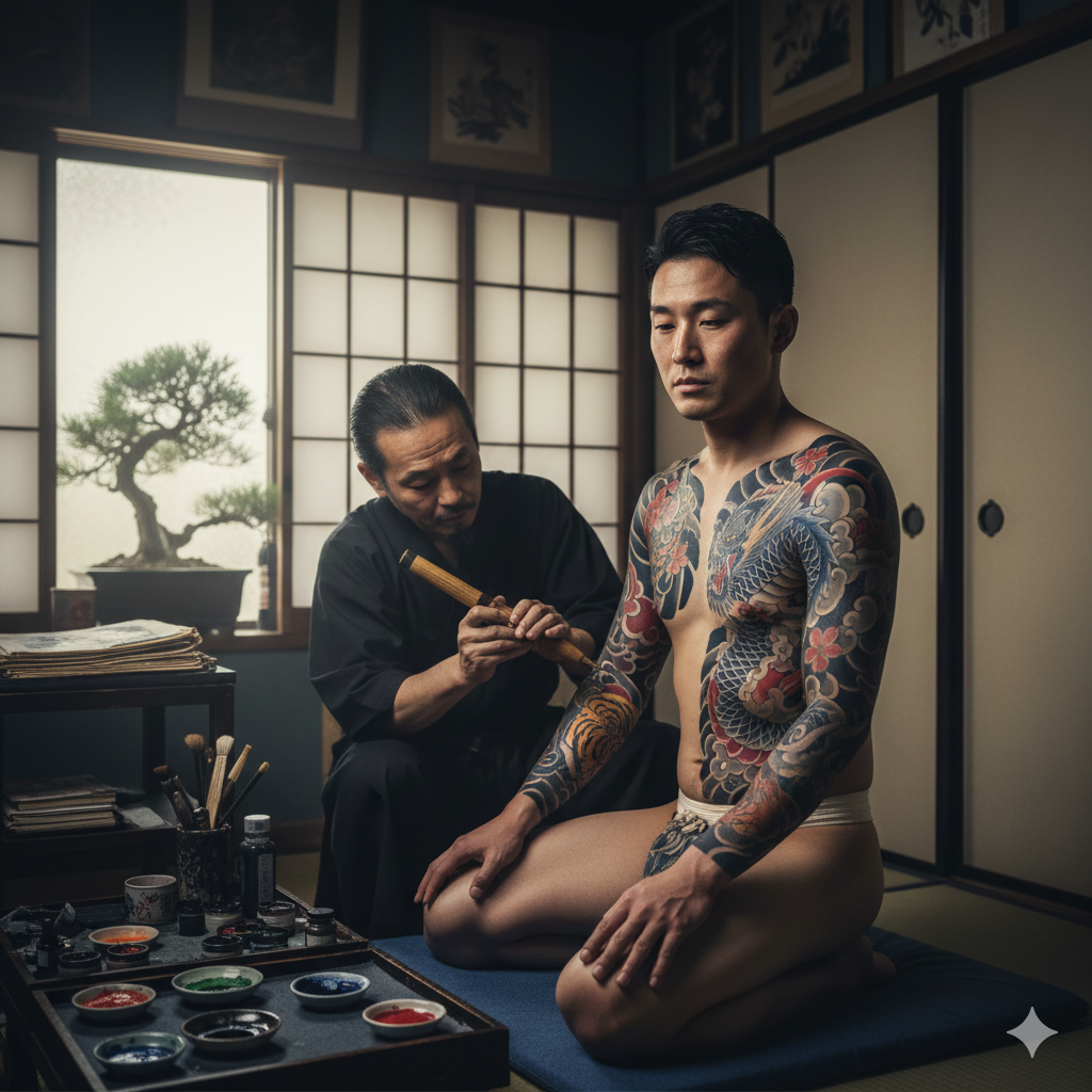 Origini Tatuaggi e Storia. Rappresenta Persona di sesso maschile che tatua sul braccio di un Uomo. Giappone (Irezumi/Horimono).