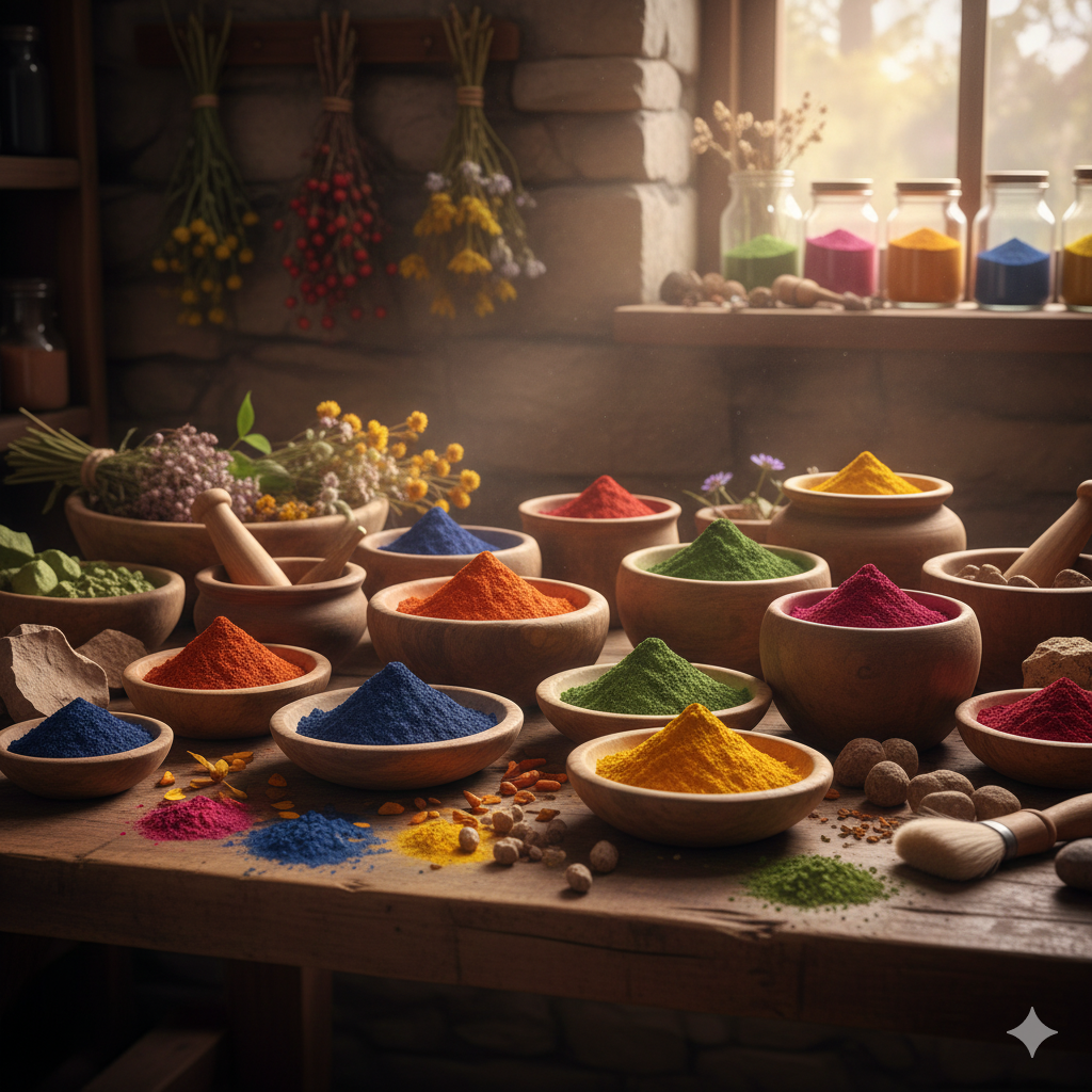 I Pigmenti Naturali. Rappresenta il ritorno hai colori della terra, tutti i colori reali dei Pigmenti all'interno delle ciotole sopra un tavolo