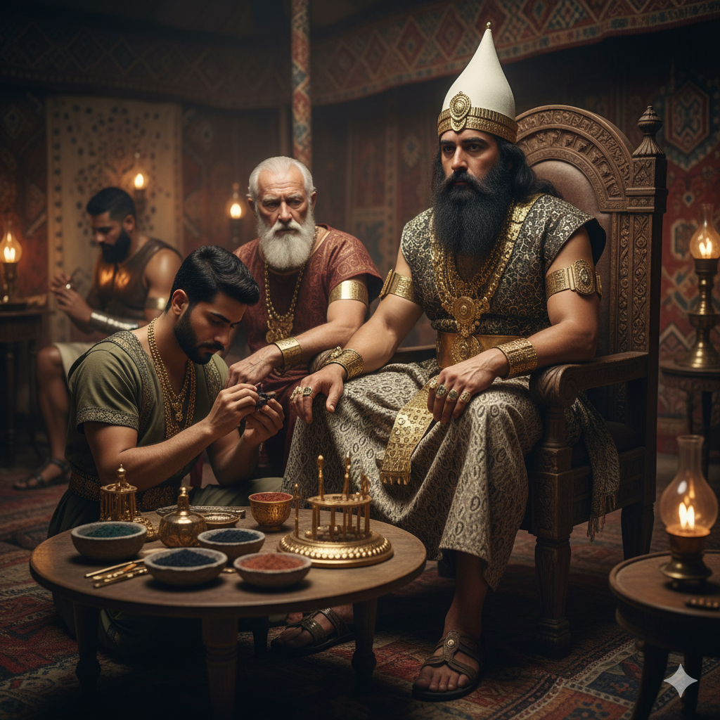 Uomini che si dipingevano le unghie. Rappresenta Nella Babilonia antica, reperti archeologici mostrano set di manicure d’oro usati da nobili e guerrieri. Gli uomini si coloravano le unghie con kohl, polveri minerali e pigmenti naturali prima delle battaglie.