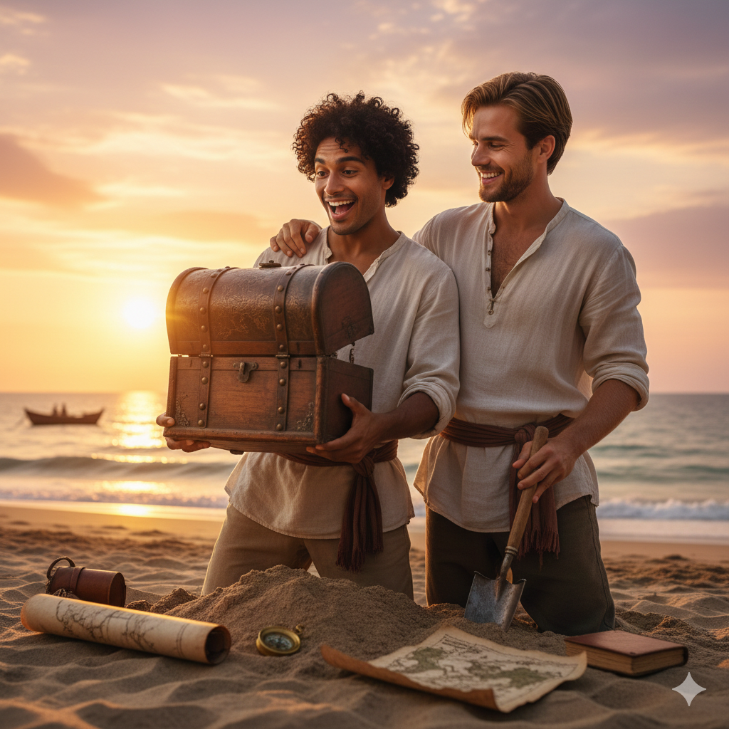 Chi Trova un Amico Trova un Tesoro. Rappresenta due amici su una spiaggia con in mano uno scrigno e delle mappe.