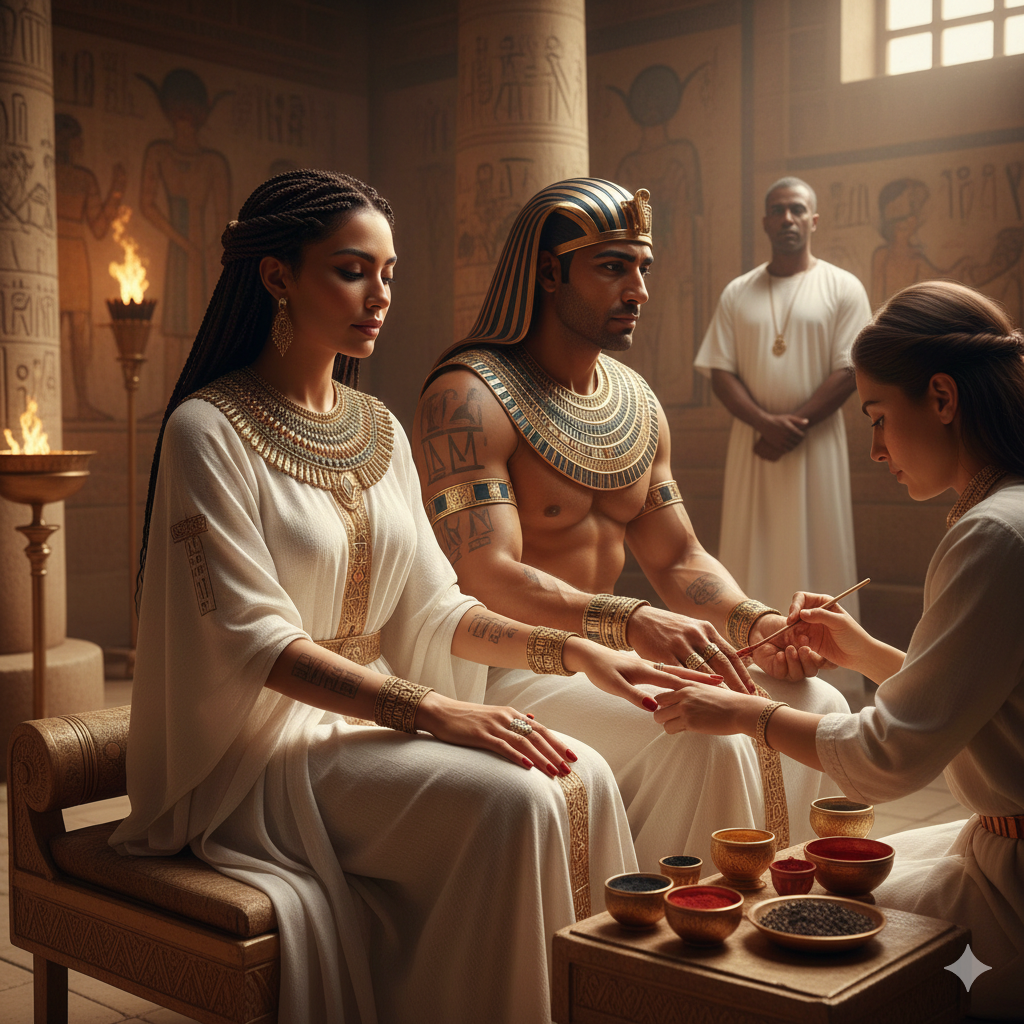 Uomini che si dipingevano le unghie. RappresentaIn Egitto, uomini e donne delle élite tingevano unghie e dita con henné rosso o ocra, colori che segnalavano purezza, forza e appartenenza regale. Le classi inferiori usavano tonalità più chiare, poiché i colori intensi erano riservati ai faraoni e ai sacerdoti.