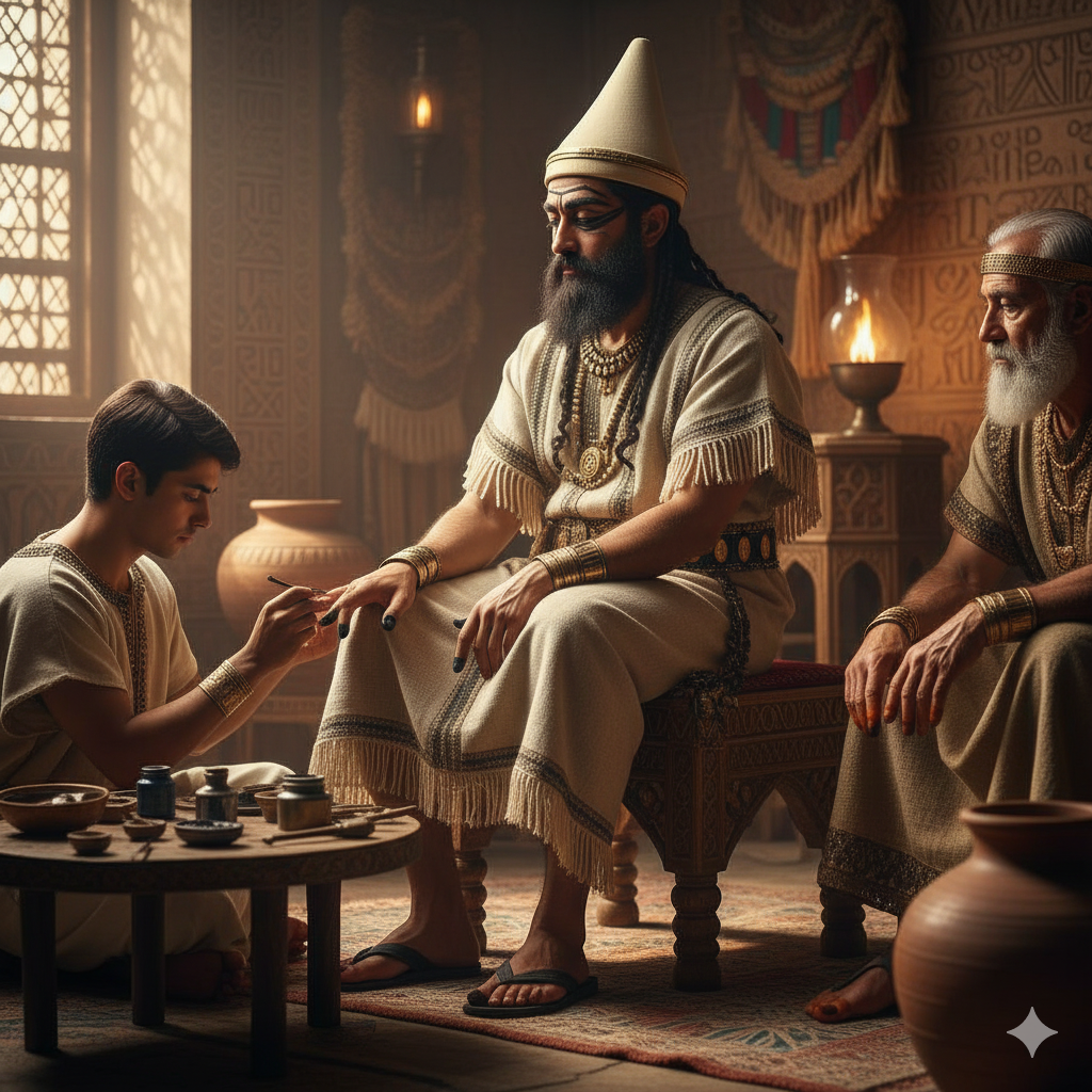 Uomini che si dipingevano le unghie. Rappresenta un ragazzo che dipinge le unghie ad un Uomo con dei Pigmenti di colore scuro.