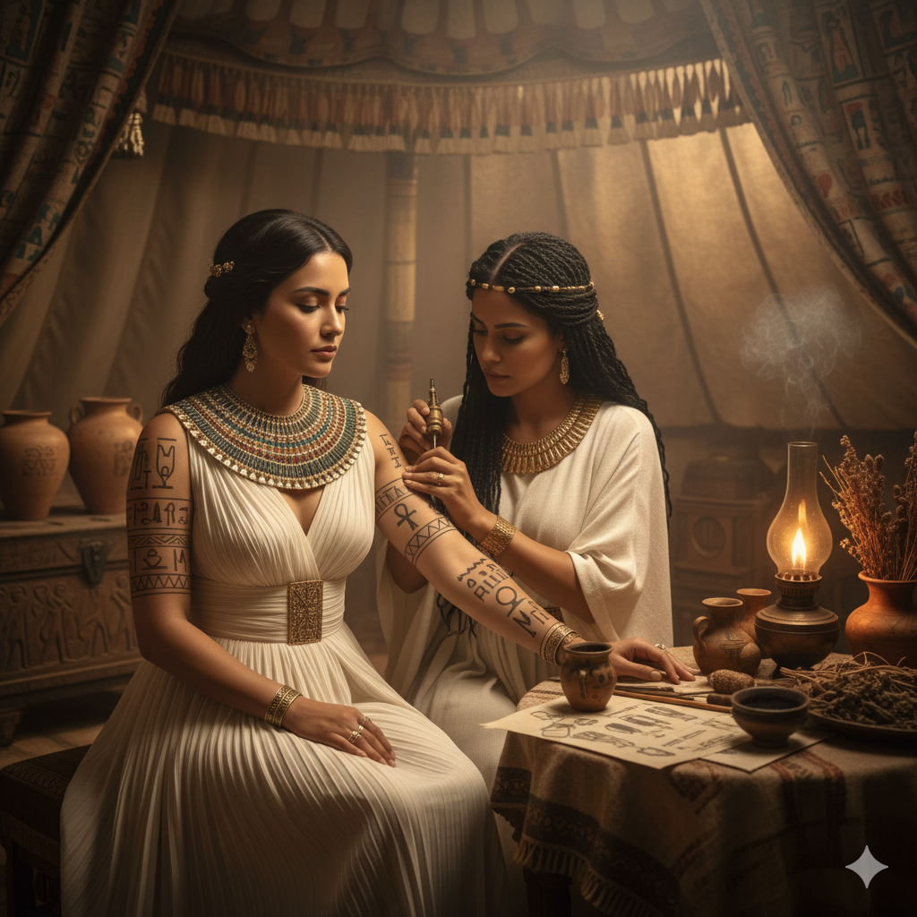 Origini Tatuaggi e Storia. Rappresenta due donne che si stanno tatuando. Nell'Antico Egitto.