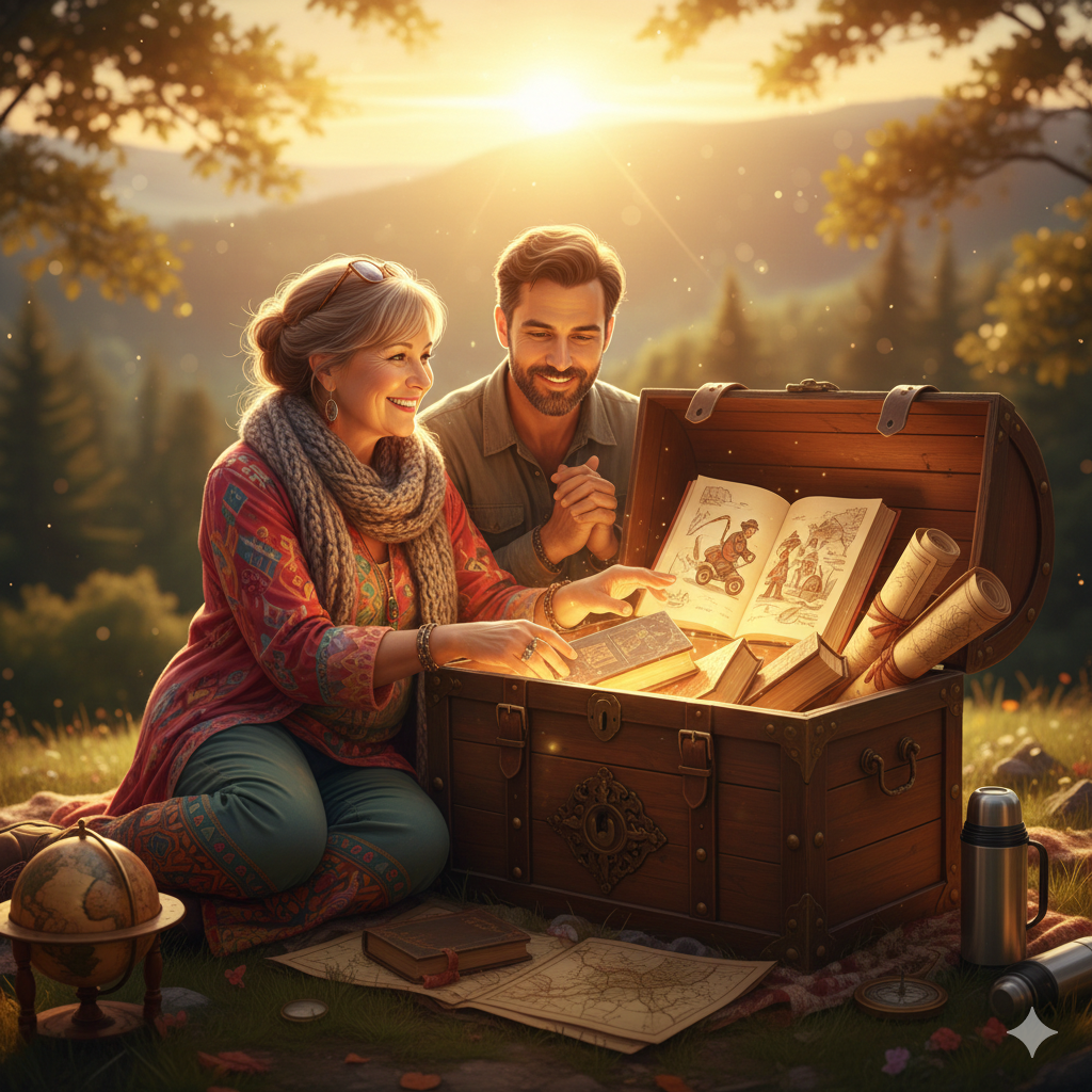 Chi Trova un Amico Trova un Tesoro: La Mia Storia con Bella Scintilla. Rappresenta persona femminile e maschile con uno scrigno contente dei libri e mano scritti.