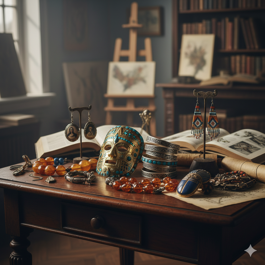 Gioielli e Bigiotteria Valore Artistico Culturale. Rappresenta Gioielli di vario tipo appoggiati su un tavolo.