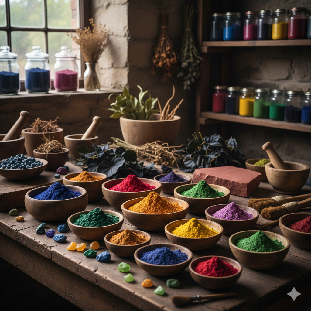 I Pigmenti Naturali. Rappresenta tutti i colori reali dei Pigmenti all'interno delle ciotole sopra un tavolo, dietro c'è uno scaffale in legno con barattoli con Pigmenti dentro.