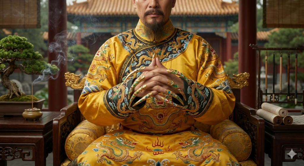 Uomini che si dipingevano le unghie. Rappresenta. Imperatore cinese con unghie ornate simbolo di eleganza e spiritualità.