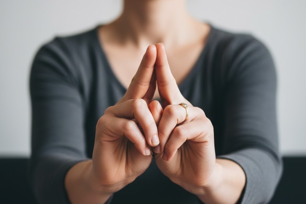 Immagine:Persona mostra Apan Mudra con mani in primo piano, gesto che favorisce digestione, purificazione interiore e sollievo addominale naturale