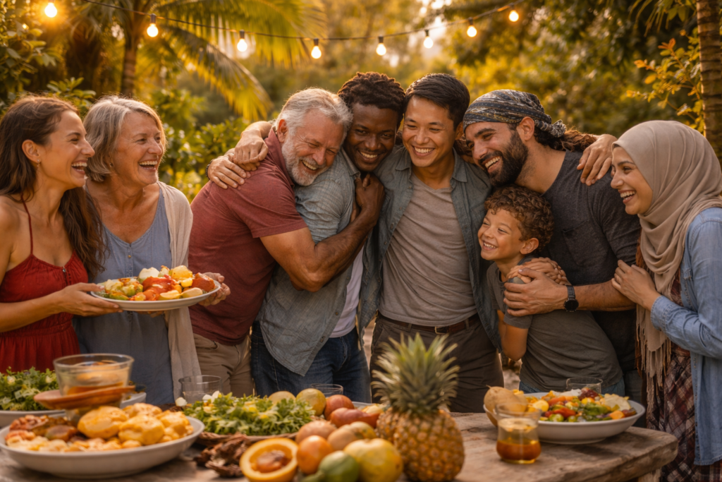 Immagine: Comunità multietnica di adulti e bambini riuniti in un abbraccio spontaneo attorno a un tavolo condiviso, sorrisi e gesti di cura raccontano appartenenza, solidarietà. Ohana la famiglia che scegli con il cuore