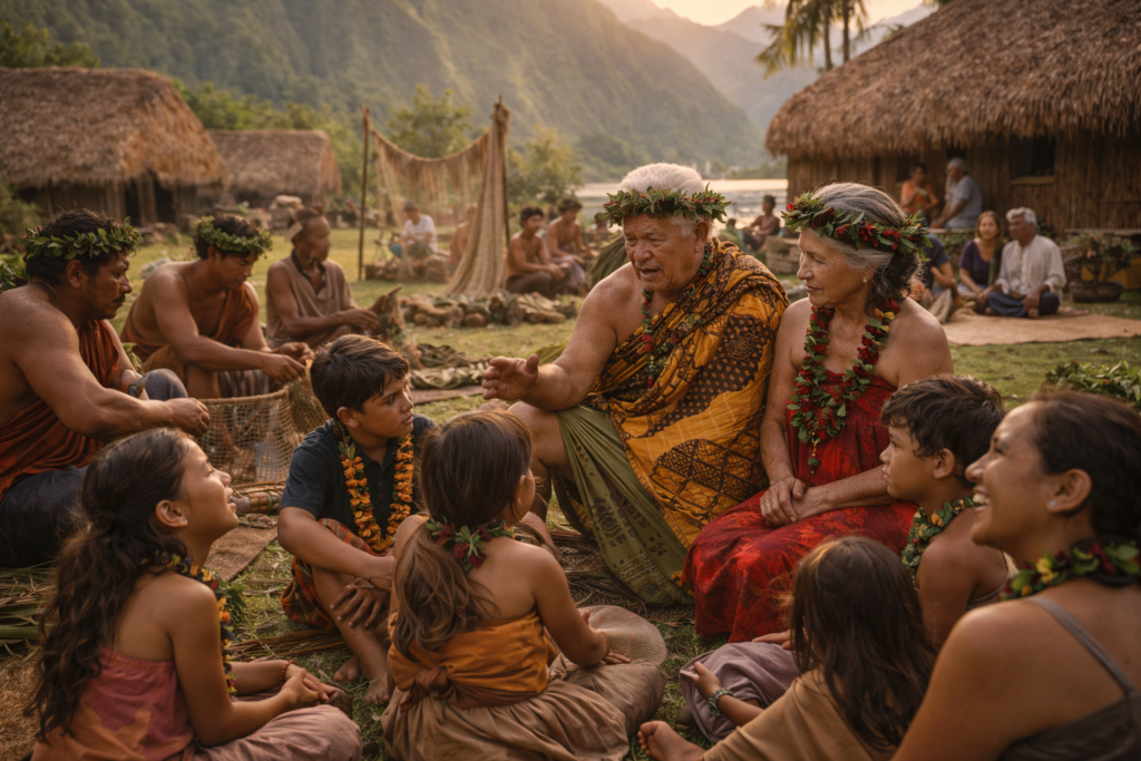 Immagine: Comunità hawaiana tradizionale riunita all'aperto, anziani e bambini insieme, mentre lavorano, ridono e condividono conoscenze e cura collettiva, Ohana viva.