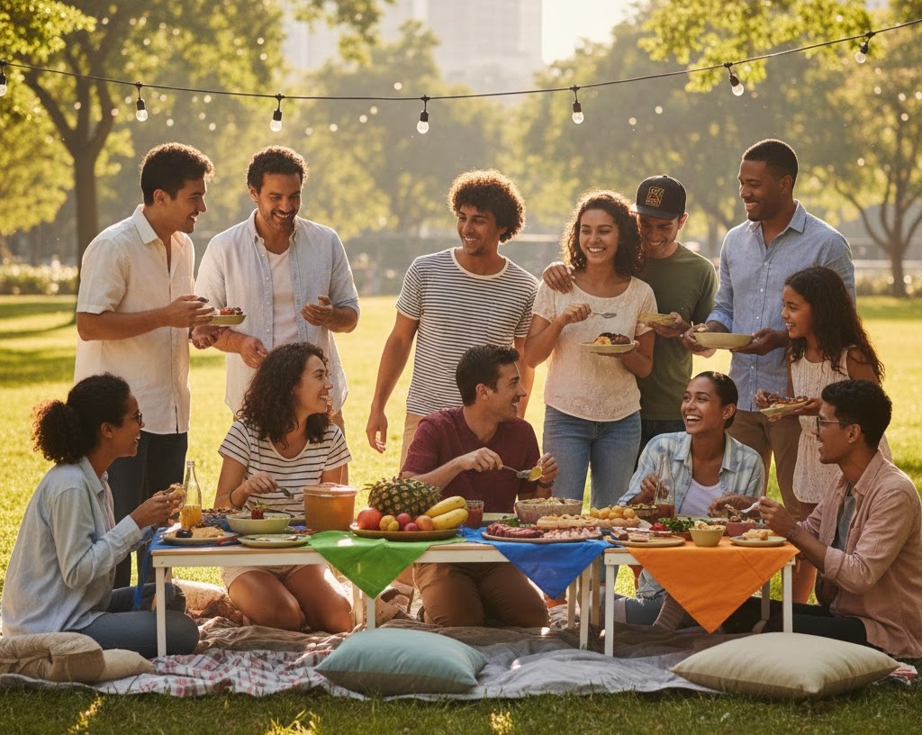 Immagine: Gruppo multietnico e multigenerazionale all’aperto con pasti condivisi, abbracci, sorrisi e gesti di sostegno, che trasmettono Ohana e solidarietà.