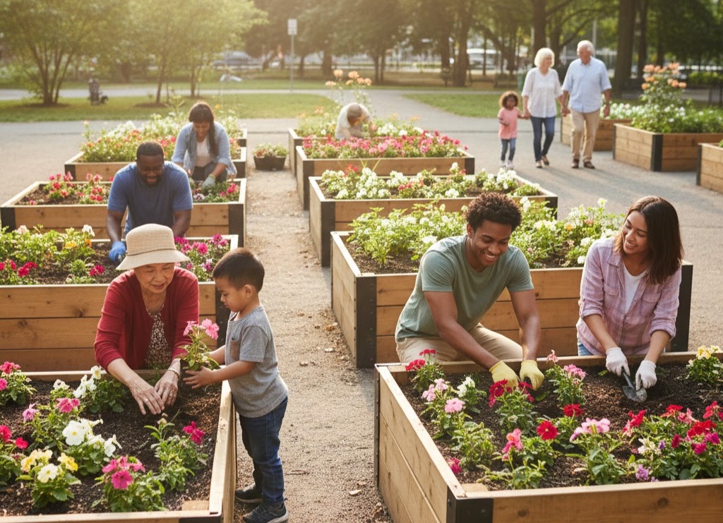 Immagine: Persone di diverse età ed etnie che piantano fiori in aiuole.